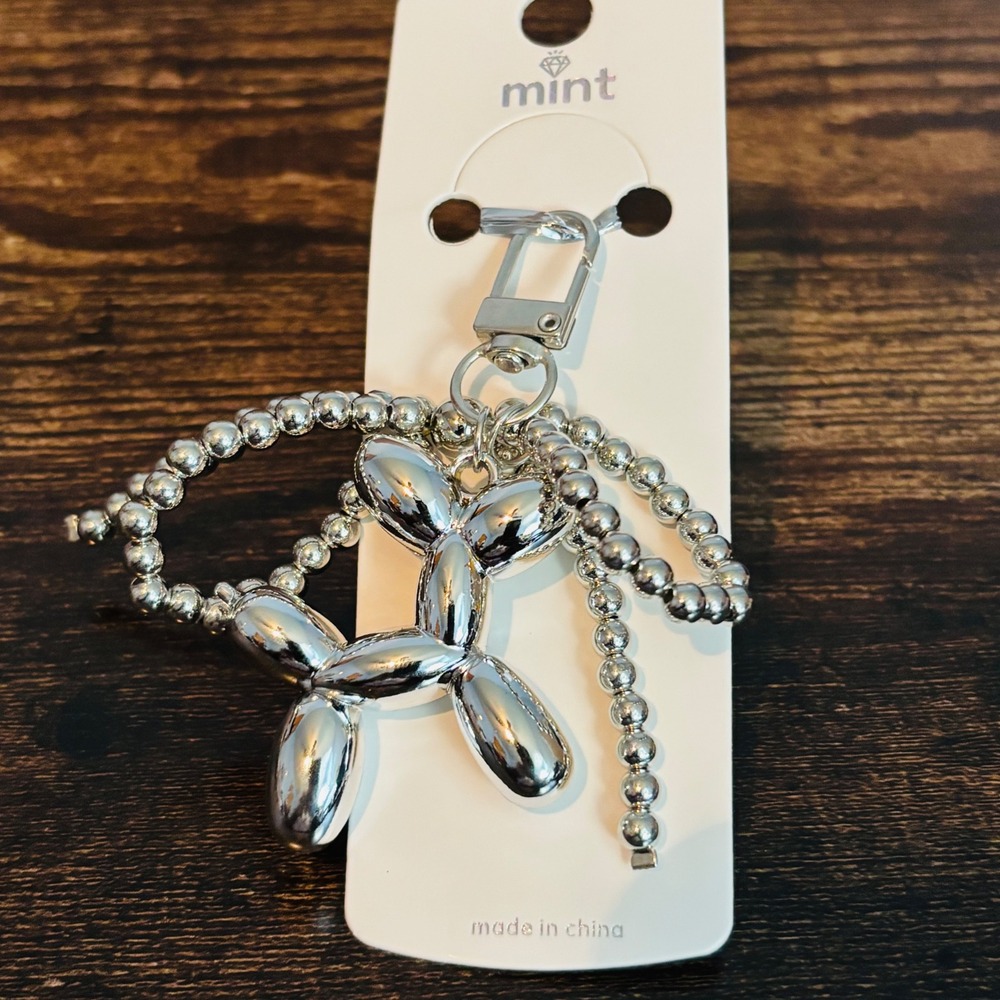 Silver Tone Balloon Dog Keychain Beaded Wristlet Bag Charm Accessory